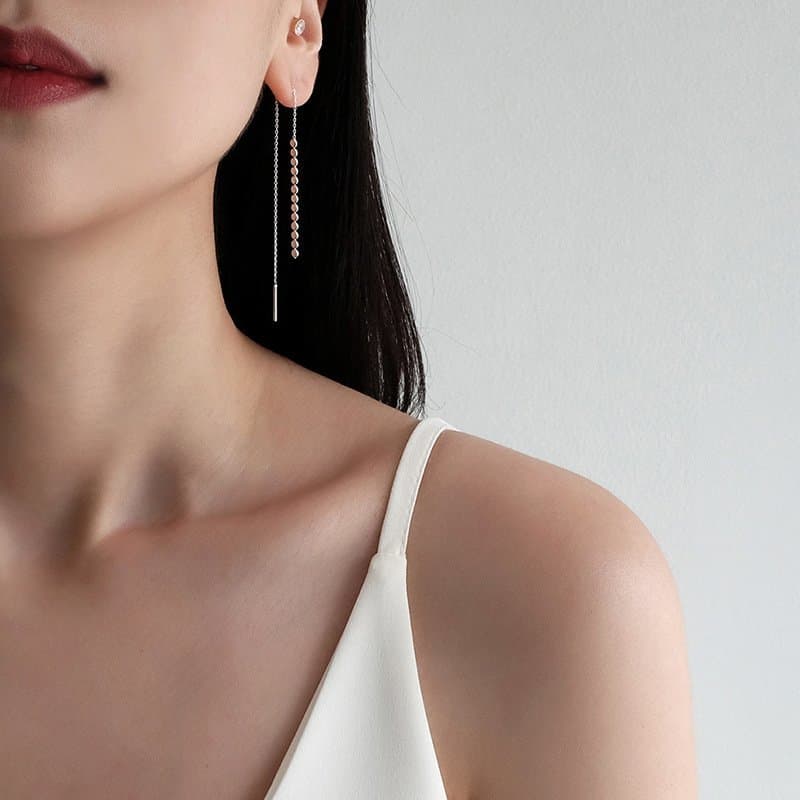 Elegant Flat Beads Tassels 925 Sterling Silver Thread Dangling Earrings