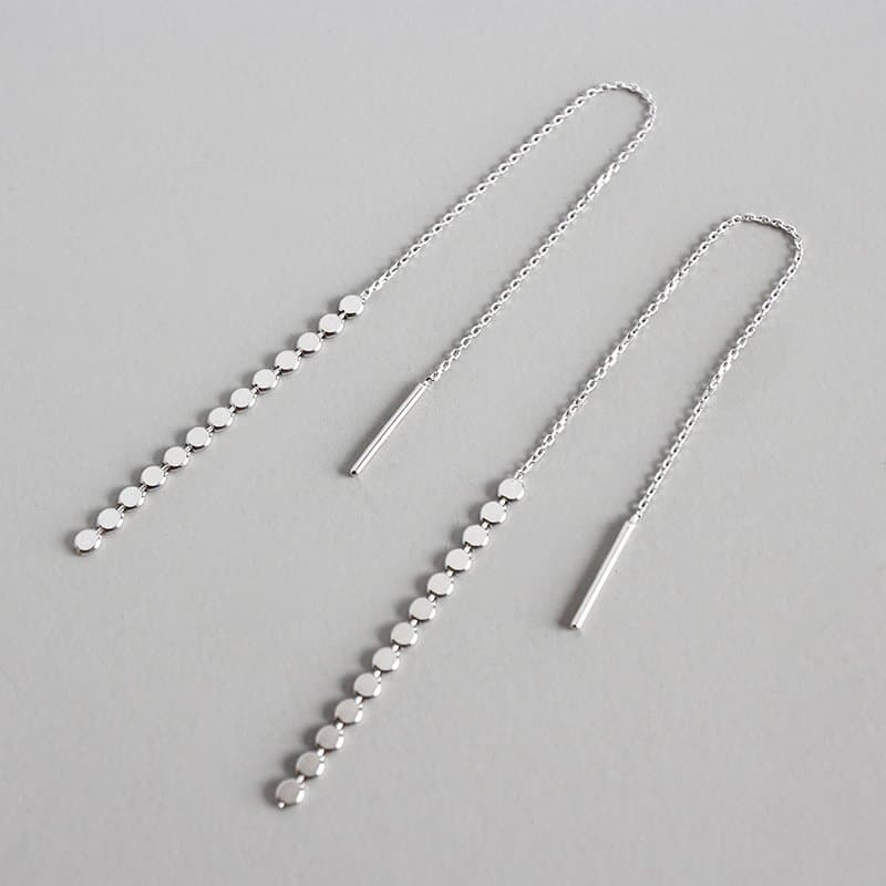 Elegant Flat Beads Tassels 925 Sterling Silver Thread Dangling Earrings