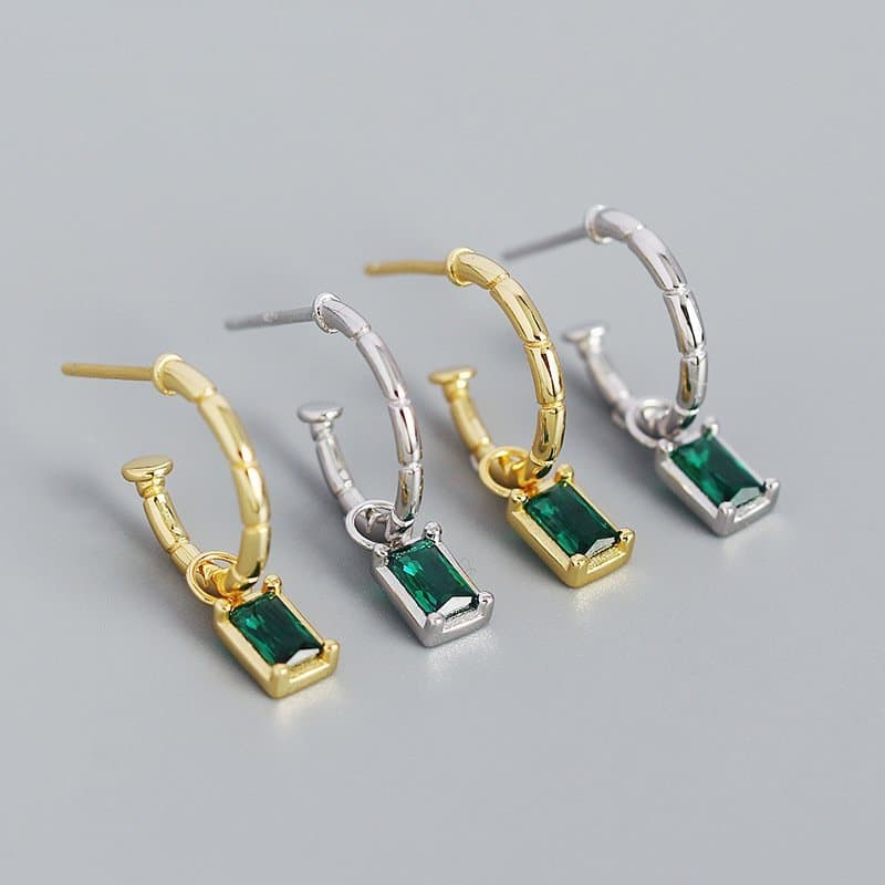 Elegant Geometric Green CZ Rectangle 925 Sterling Silver Hoop Earrings
