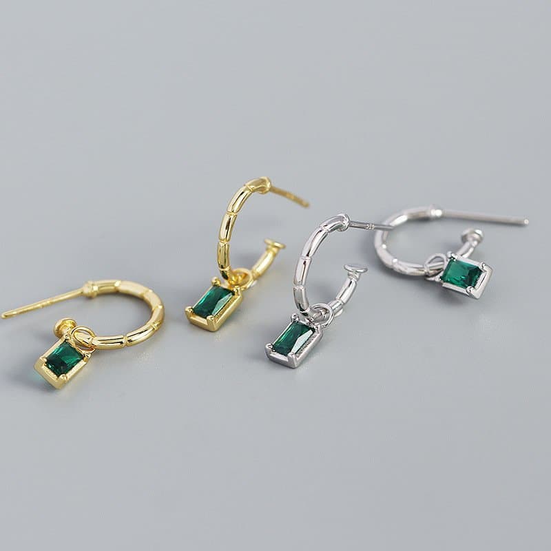 Elegant Geometric Green CZ Rectangle 925 Sterling Silver Hoop Earrings