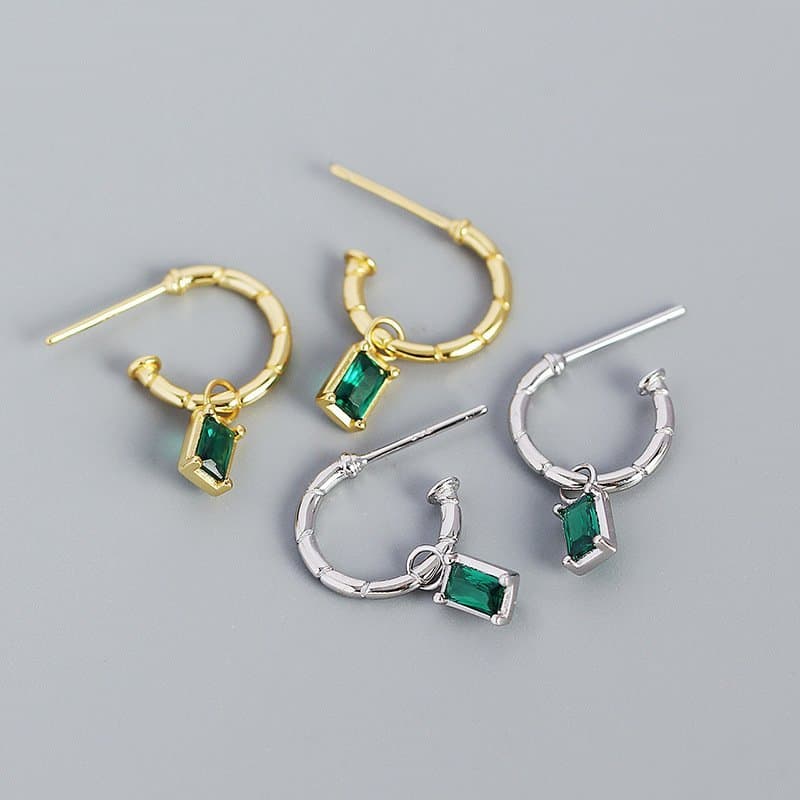 Elegant Geometric Green CZ Rectangle 925 Sterling Silver Hoop Earrings