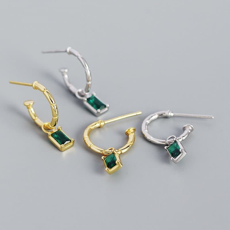 Elegant Geometric Green CZ Rectangle 925 Sterling Silver Hoop Earrings