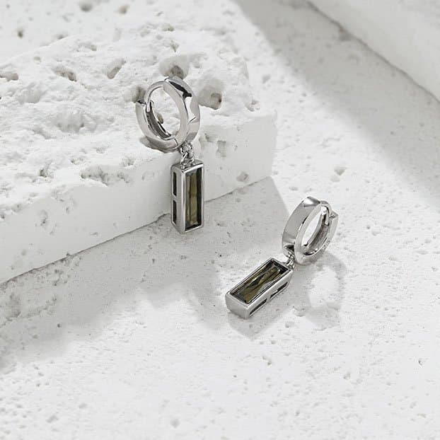 Elegant Green CZ Rectangle Geometric 925 Sterling Silver Dangling Earrings