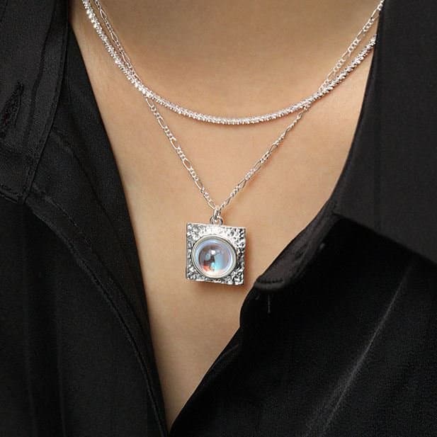 Elegant Round Created Moonstone Square 925 Sterling Silver Necklace