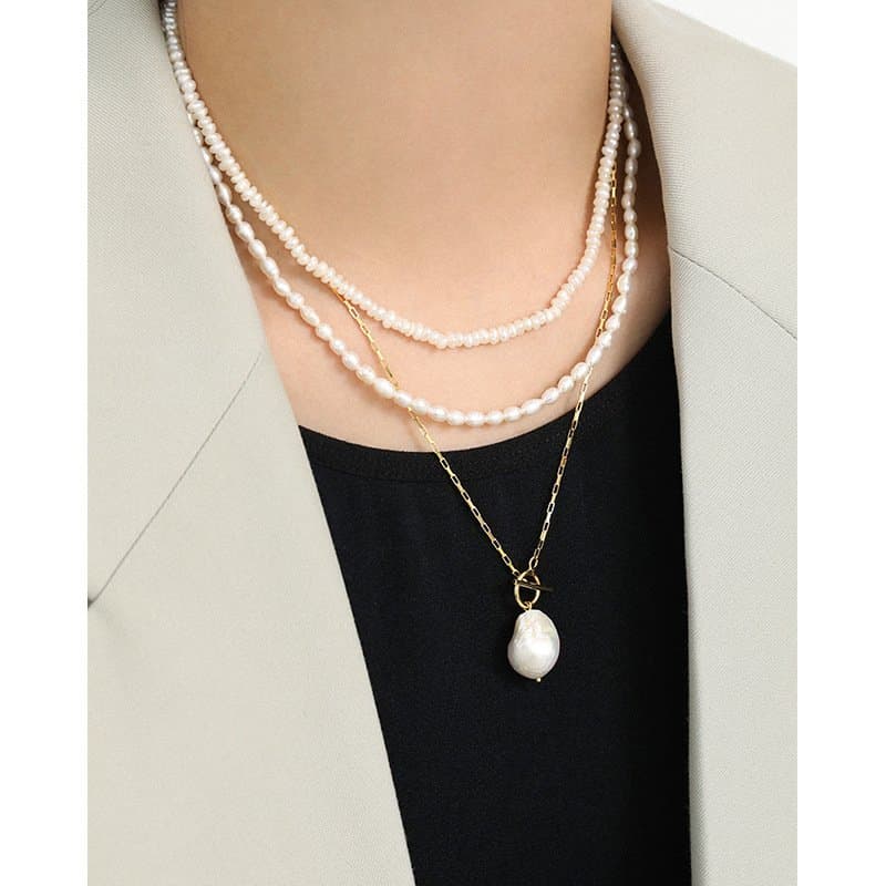 Elegant Irregular Natural Pearls 925 Sterling Silver Necklace