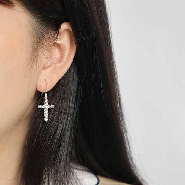 Irregular Cross 925 Sterling Silver Dangling Earrings