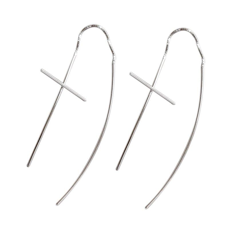 Line Cross 925 Sterling Silver Thread Dangling Earrings