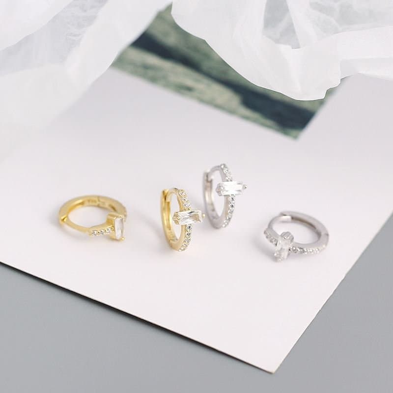 Geometric CZ Rectangle Simple 925 Sterling Silver Huggie Hoop Earrings