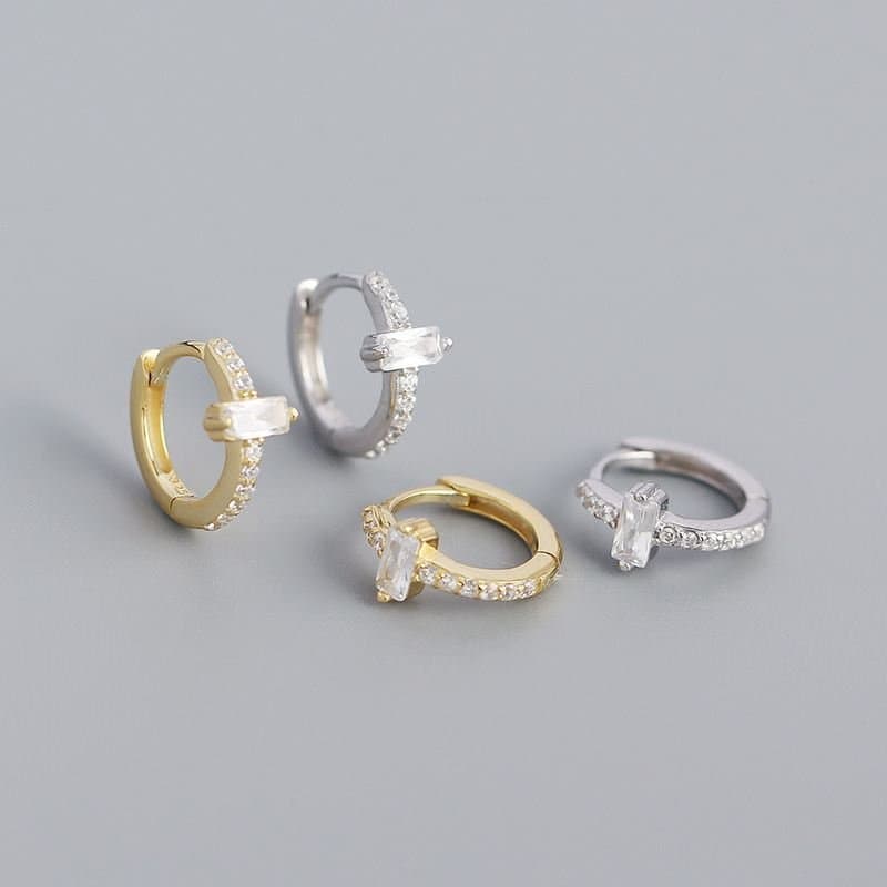 Geometric CZ Rectangle Simple 925 Sterling Silver Huggie Hoop Earrings