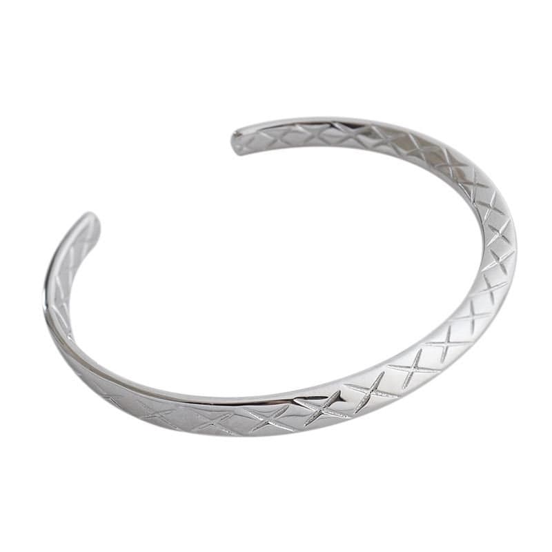 Geometric Diamond Check 925 Sterling Silver Open Bangle