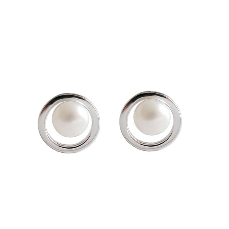 Geometric Hollow Circle Round Natural Pearl 925 Sterling Silver Stud Earrings