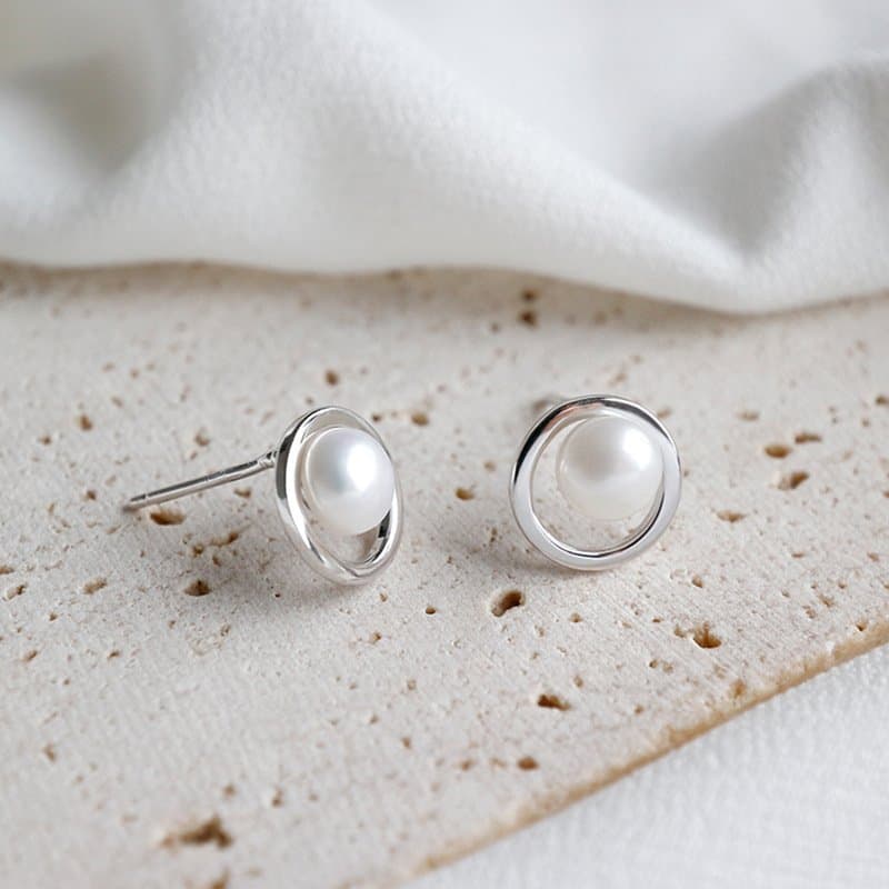 Geometric Hollow Circle Round Natural Pearl 925 Sterling Silver Stud Earrings