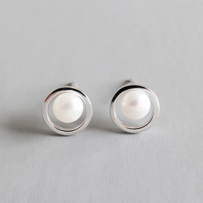 Geometric Hollow Circle Round Natural Pearl 925 Sterling Silver Stud Earrings