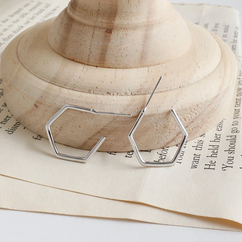 Geometric Hollow Hexagon 925 Sterling Silver Hoop Earrings