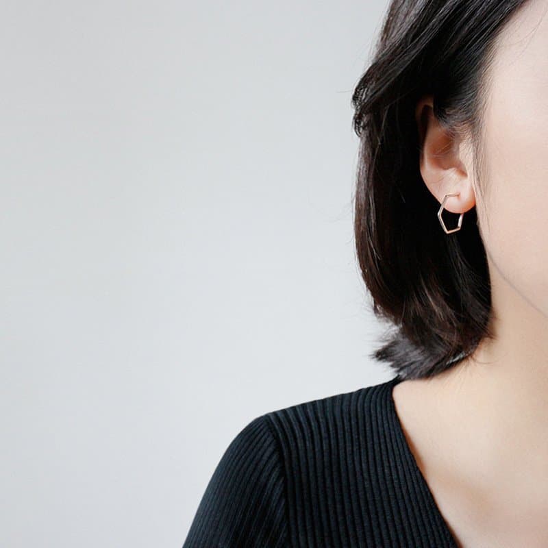 Geometric Hollow Hexagon 925 Sterling Silver Hoop Earrings
