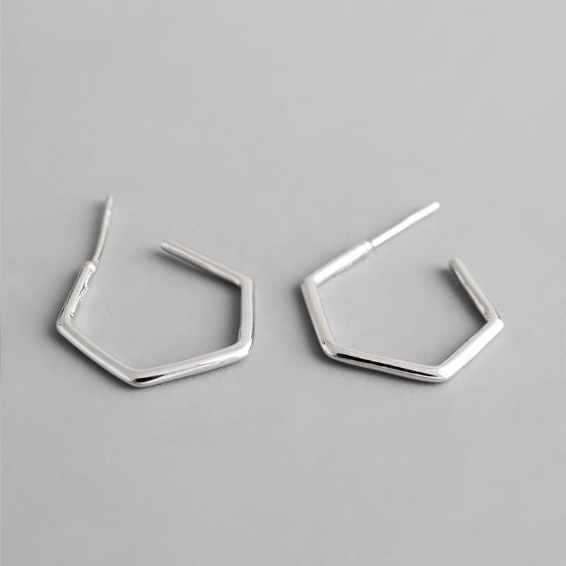 Geometric Hollow Hexagon 925 Sterling Silver Hoop Earrings