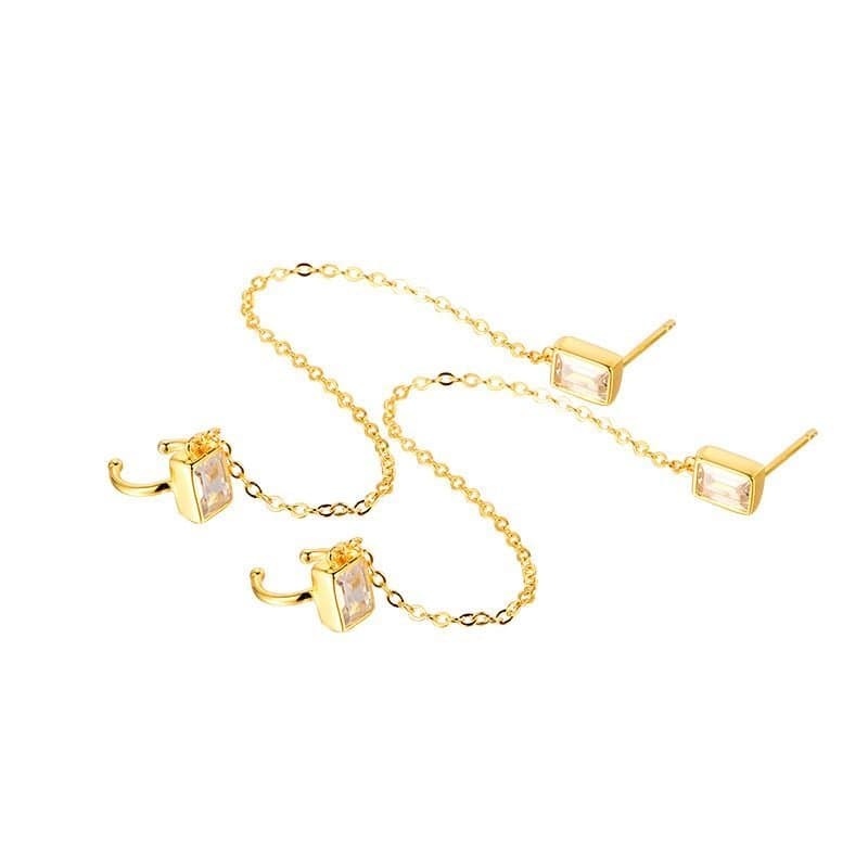 Geometric Rectangle CZ Chain 925 Sterling Silver Double Holes Earrings