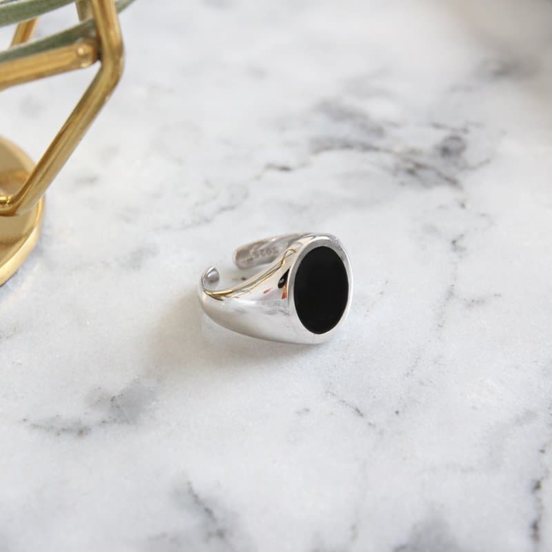 Geometric Round Black Epoxy 925 Sterling Silver Adjustable Ring