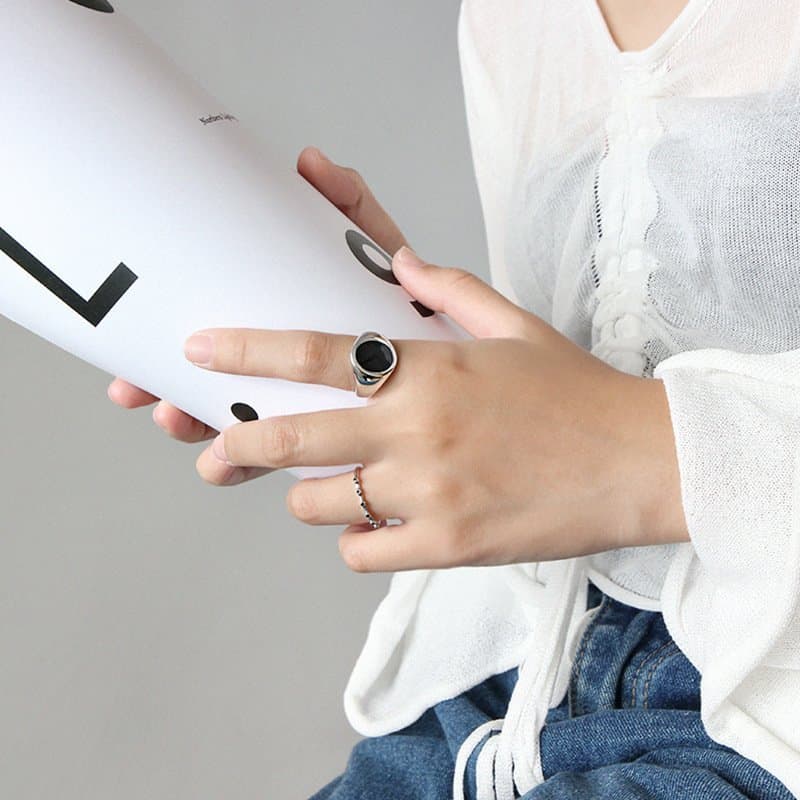 Geometric Round Black Epoxy 925 Sterling Silver Adjustable Ring