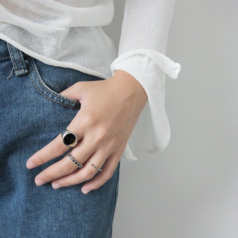 Geometric Round Black Epoxy 925 Sterling Silver Adjustable Ring