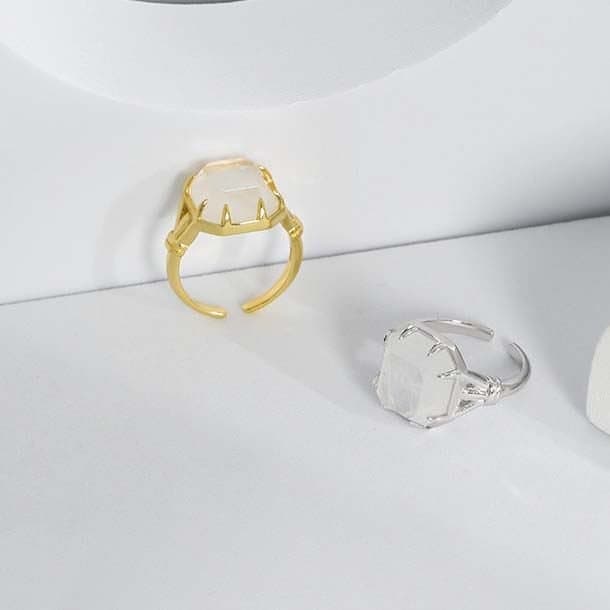 Geometric Square Natural Crystal 925 Sterling Silver Adjustable Ring
