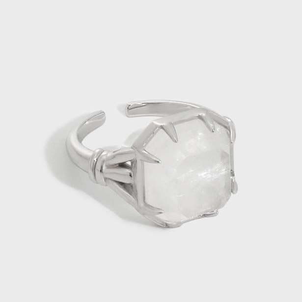 Geometric Square Natural Crystal 925 Sterling Silver Adjustable Ring