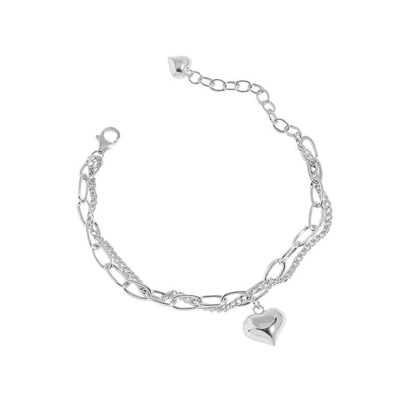 Double Layers Hollow Chain Heart 925 Sterling Silver Bracelet