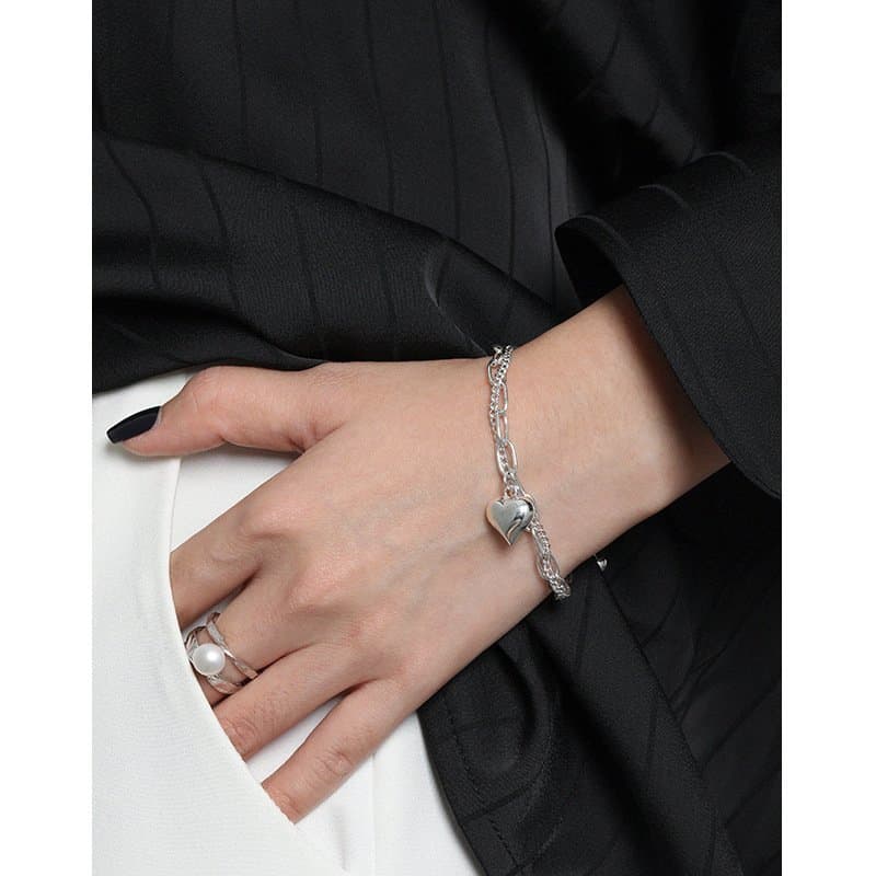 Double Layers Hollow Chain Heart 925 Sterling Silver Bracelet