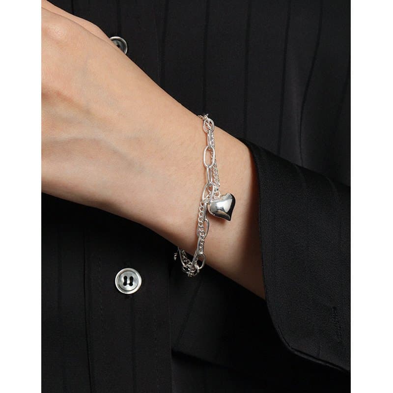 Double Layers Hollow Chain Heart 925 Sterling Silver Bracelet
