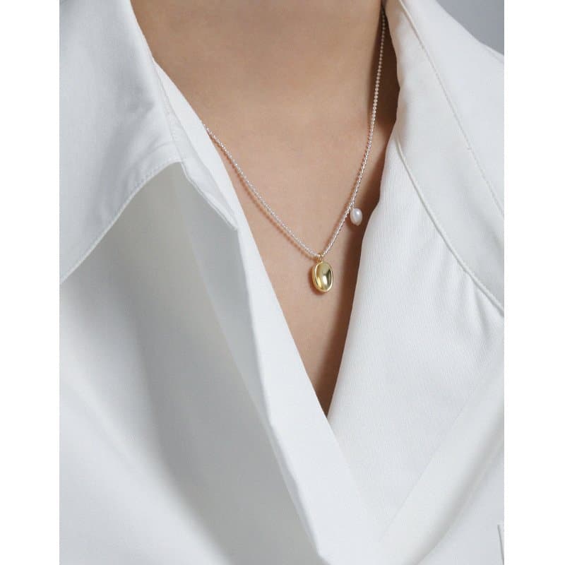 Oval Natural Pearl Irregular Flat Bead 925 Sterling Silver Necklace