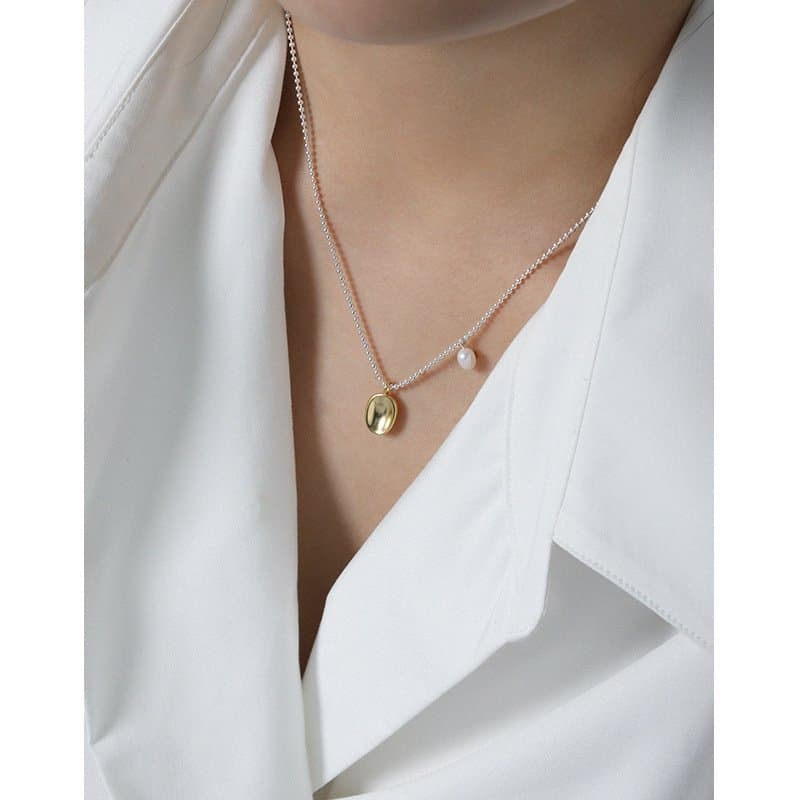 Oval Natural Pearl Irregular Flat Bead 925 Sterling Silver Necklace