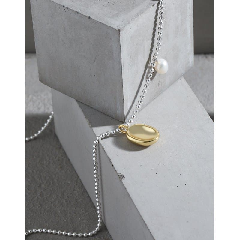Oval Natural Pearl Irregular Flat Bead 925 Sterling Silver Necklace