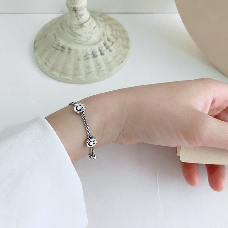 Three Smile Face Vintage 925 Sterling Silver Bracelet