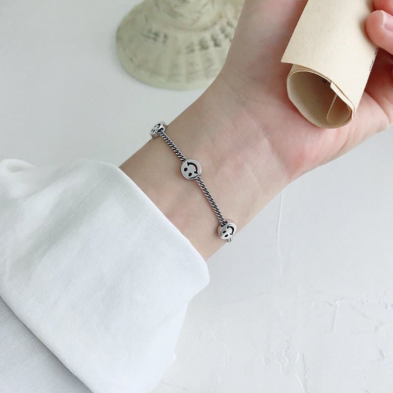 Three Smile Face Vintage 925 Sterling Silver Bracelet
