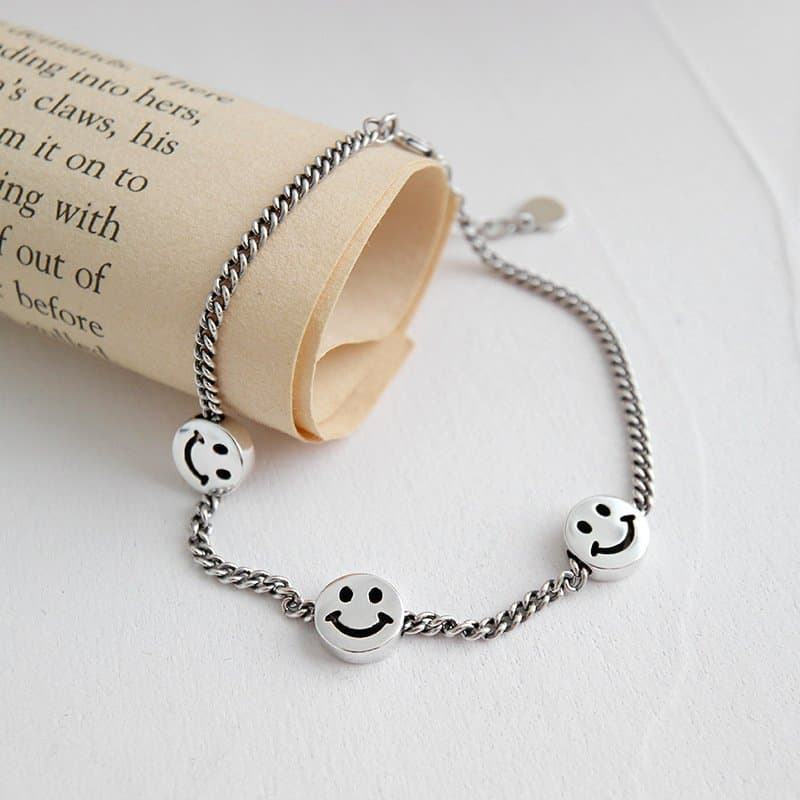 Three Smile Face Vintage 925 Sterling Silver Bracelet