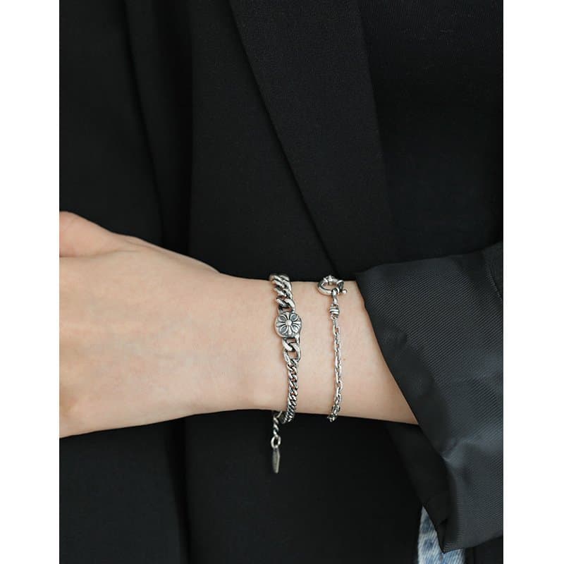 Asymmetric Chain Daisy Flower 925 Sterling Silver Bracelet