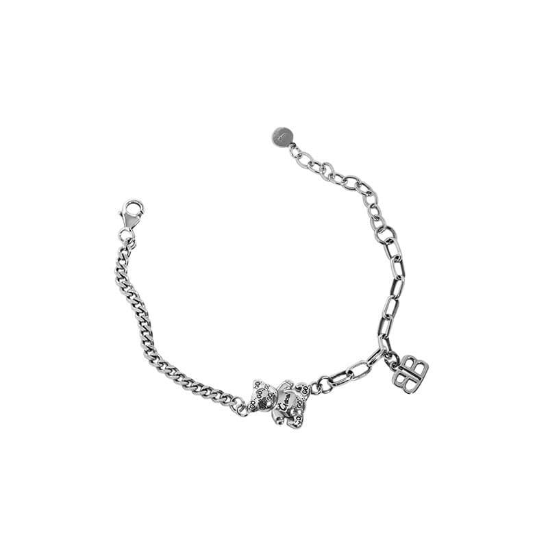 Vintage Asymmetric Paperclip Curb Chain B Bear 925 Sterling Silver Bracelet
