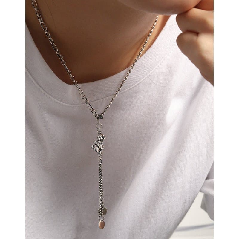 Bear Dangle Beads Paperclip Chain 925 Sterling Silver Necklace