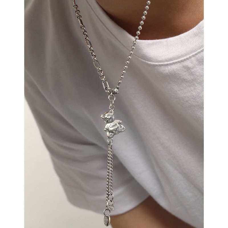 Bear Dangle Beads Paperclip Chain 925 Sterling Silver Necklace