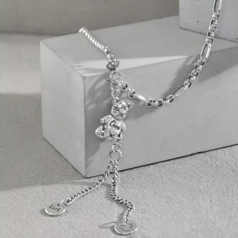 Bear Dangle Beads Paperclip Chain 925 Sterling Silver Necklace