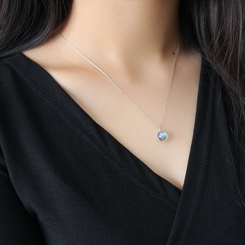 Round Natural Moonstone 925 Sterling Silver Necklace
