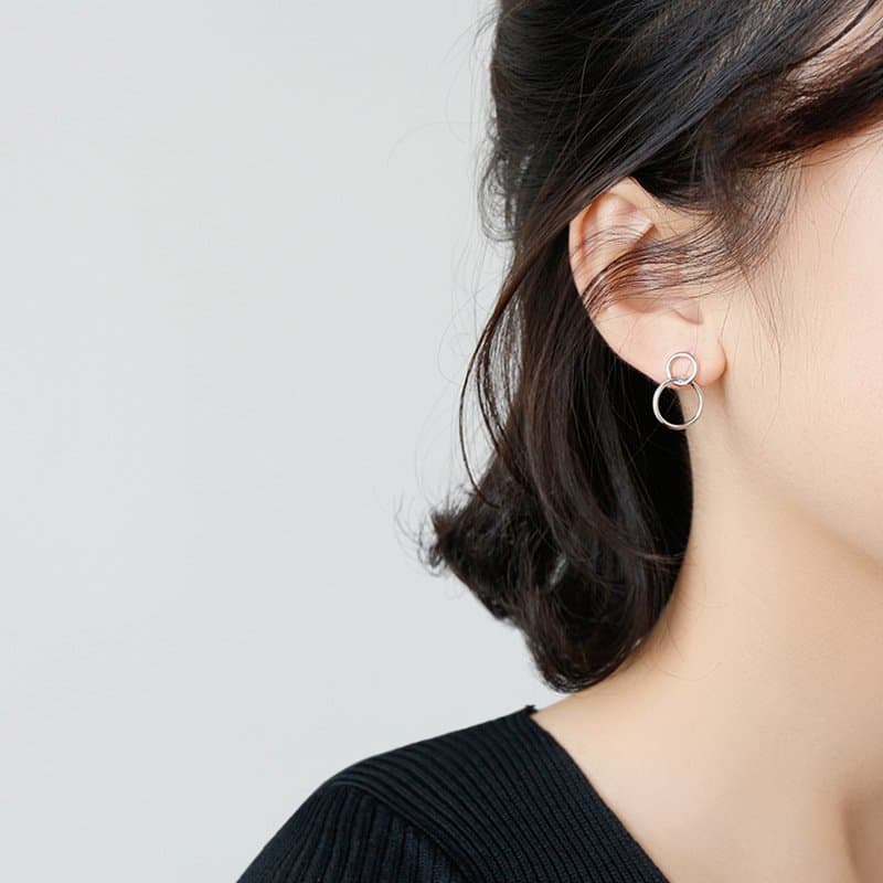 Geometric Double Loops 925 Sterling Silver Stud Earrings