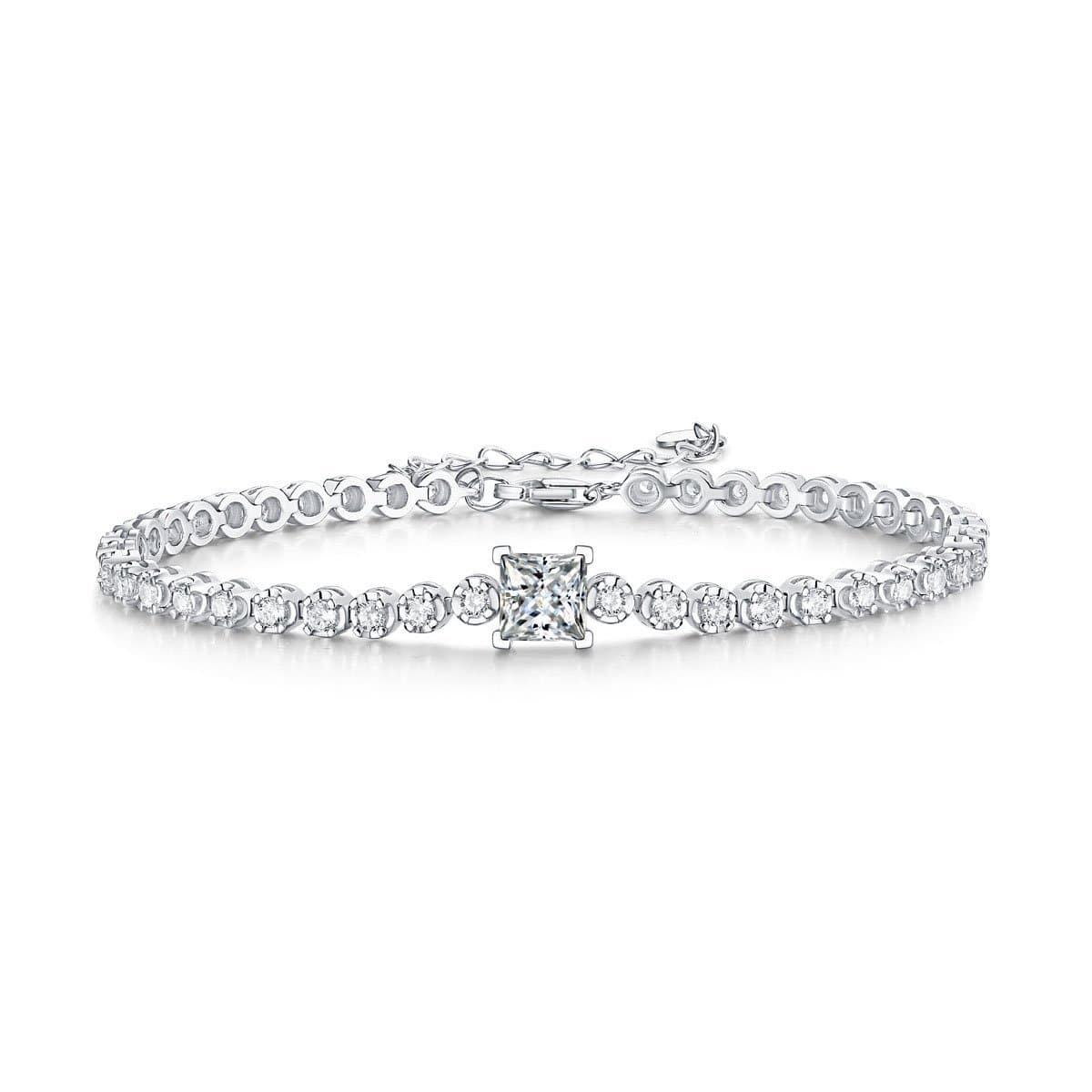 Square Moissanite Round CZ Chain 925 Sterling Silver Bracelet