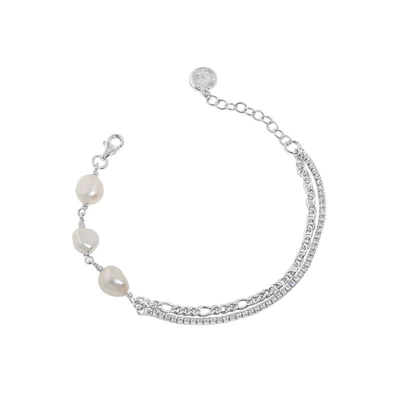 Irregular Double Layer Hollow Chain Natural Pearl 925 Sterling Silver Bracelet