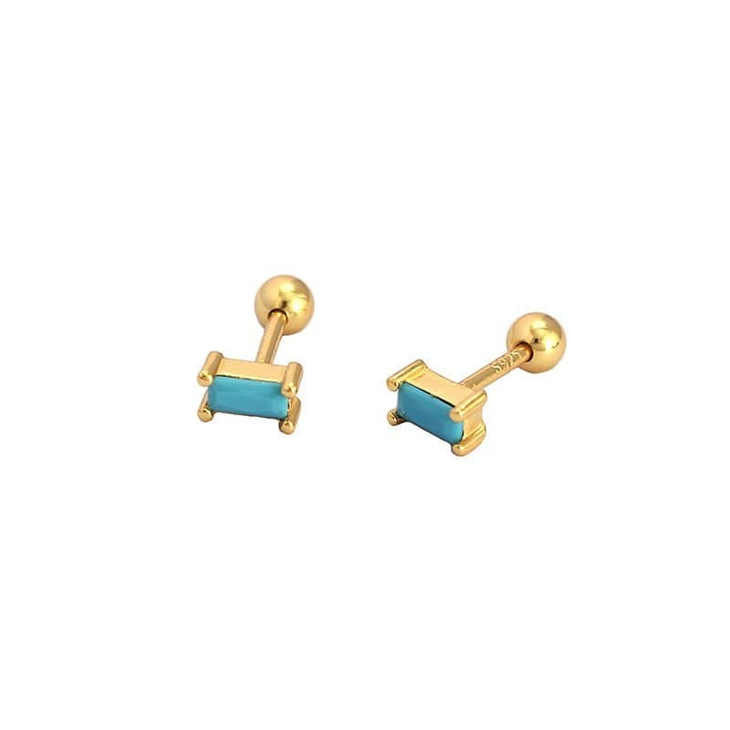Geometric Mini CZ Rectangle Turquoise 925 Sterling Silver Stud Earrings