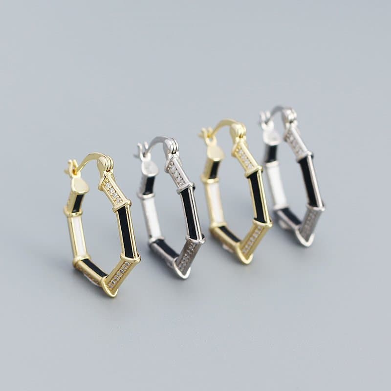 Geometric CZ Hexagon 925 Sterling Silver Hoop Earrings