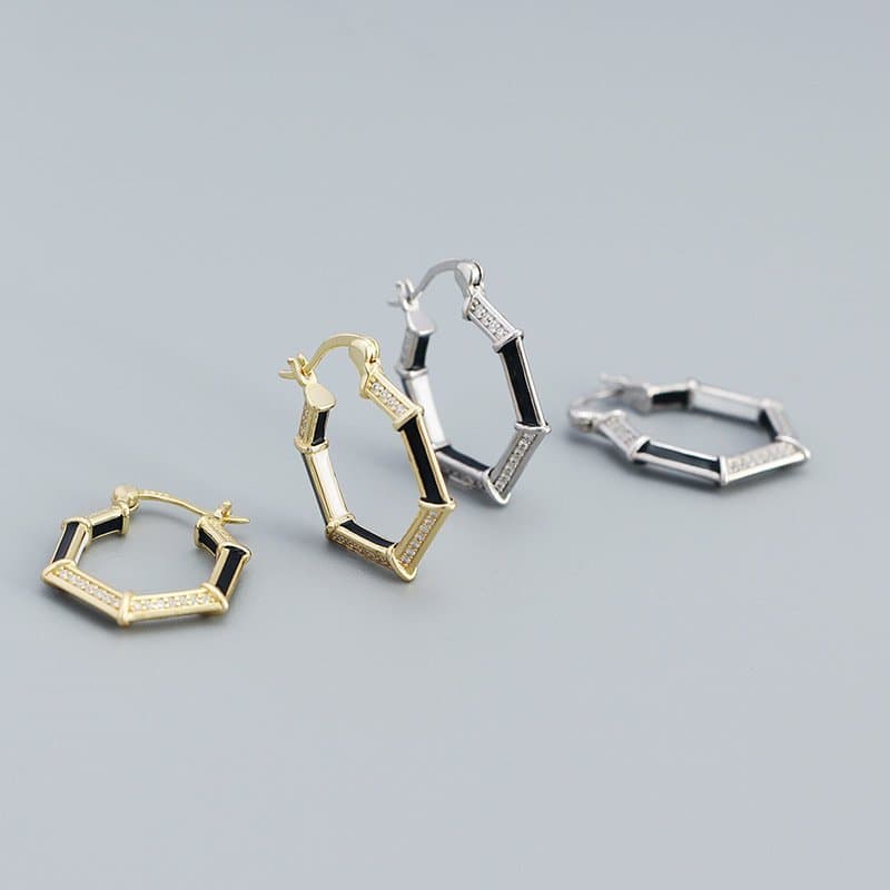Geometric CZ Hexagon 925 Sterling Silver Hoop Earrings