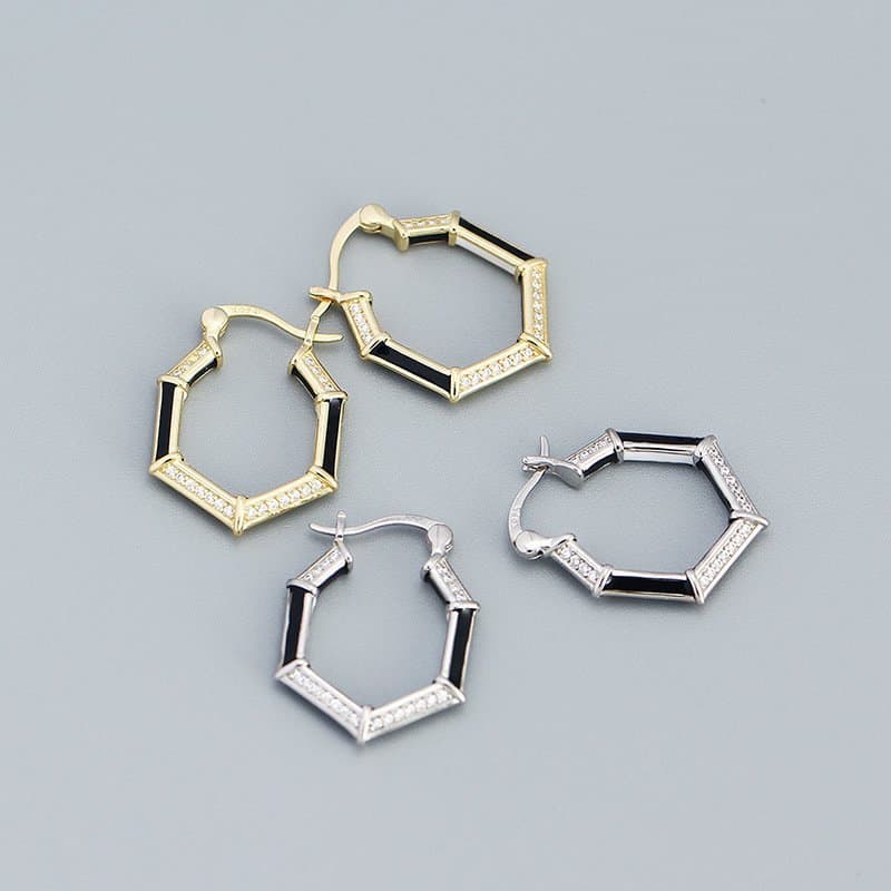 Geometric CZ Hexagon 925 Sterling Silver Hoop Earrings