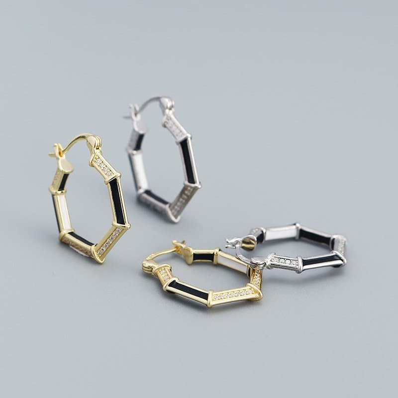 Geometric CZ Hexagon 925 Sterling Silver Hoop Earrings