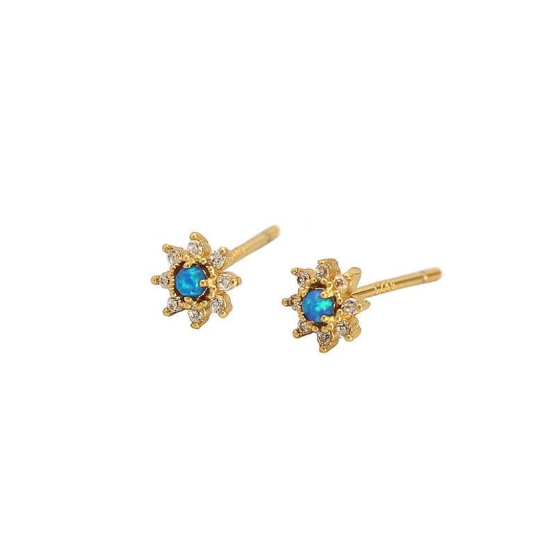 Mini Blue Created Opal CZ Flower 925 Sterling Silver Stud Earrings